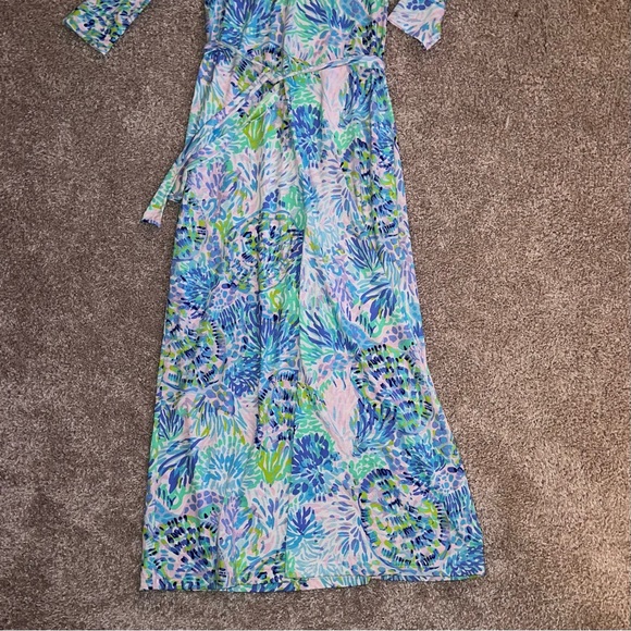 Lilly Pulitzer V-Neck Midi Dress - Waist Tie, White with Blue & Green Pattern - Picture 3 of 5